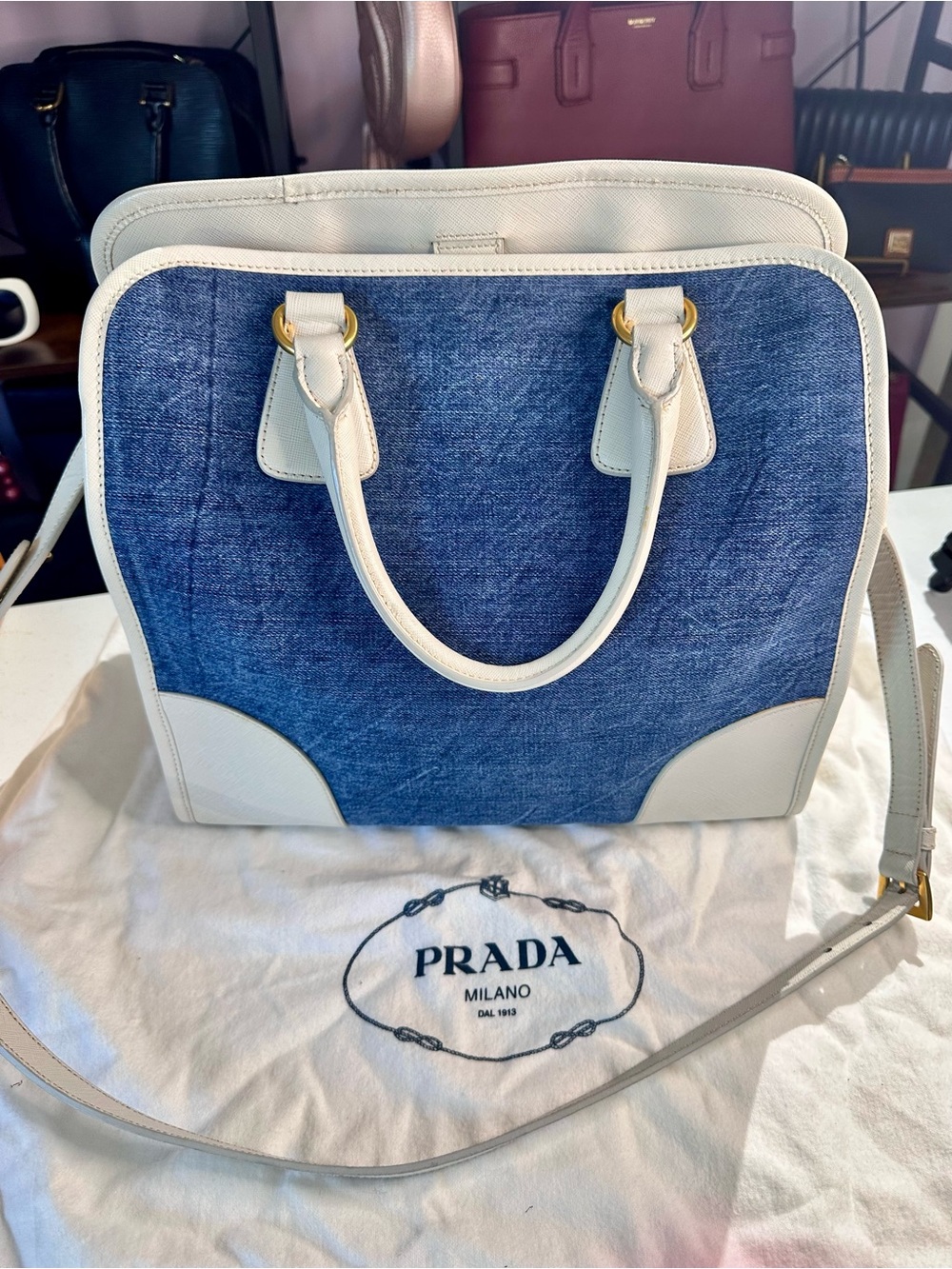 Prada Blue Denim and I our Saffiano Leather Satchel with Gold Hardware - Picture 3 of 15